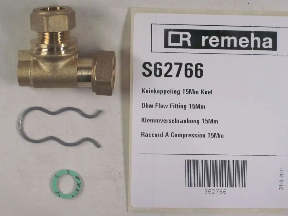 Brass fitting from Remeha, including a compression connector, a retaining clip, and a rubber seal. Displayed on a labeled background with product information.